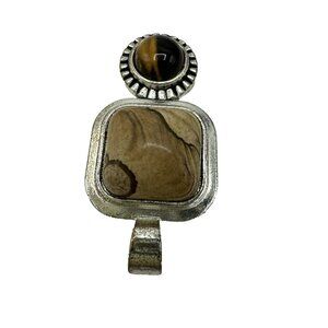 Necklace Pendant Boho Square Circle Stone Silver Tone 2" Long